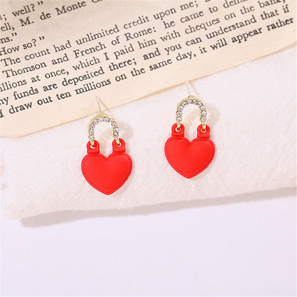 Red Enamel and Cubic Zirconia Heart Drop Earrings, drop earrings for women, dainty minimalist design, front view