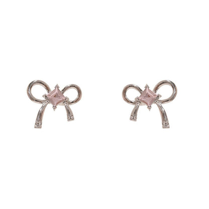 Pink Crystal and Silve-Plated Bow Stud Earrings, stud earrings for women, everyday style, front view