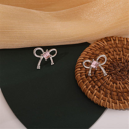 Pink Crystal and Silve-Plated Bow Stud Earrings, stud earrings for women, everyday style, side view
