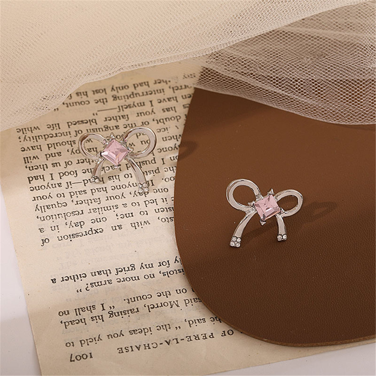 Pink Crystal and Silve-Plated Bow Stud Earrings, stud earrings for women, everyday style, detail close-up