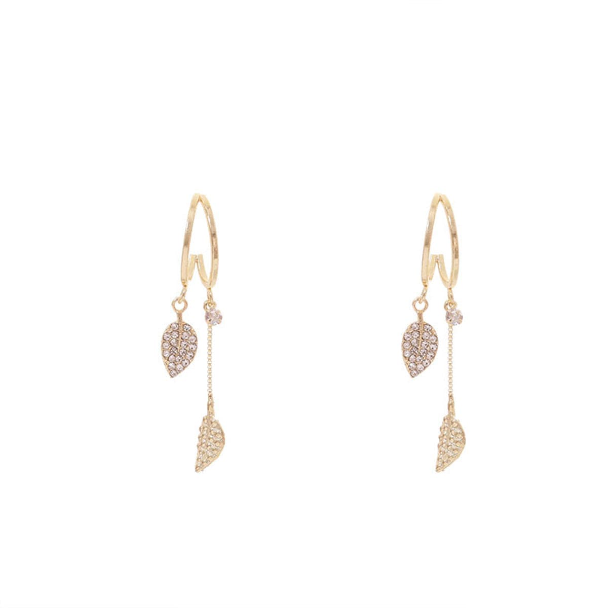 Cubic Zirconia and 18K Gold-Plated Leaves Huggie Earrings, gold huggie earrings, elegant gift for her, front view