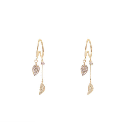 Cubic Zirconia and 18K Gold-Plated Leaves Huggie Earrings, gold huggie earrings, elegant gift for her, front view