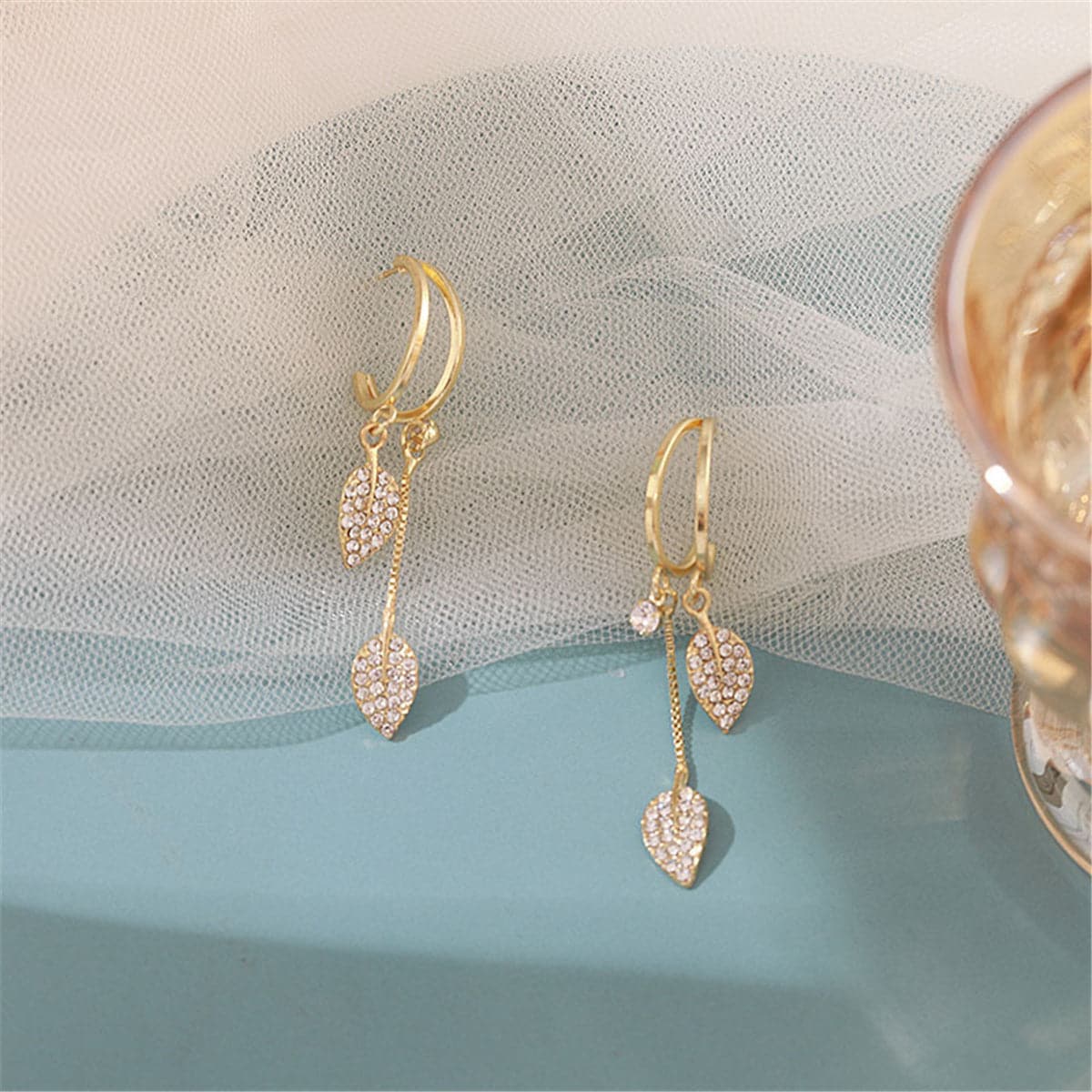 Cubic Zirconia and 18K Gold-Plated Leaves Huggie Earrings, gold huggie earrings, elegant gift for her, side view