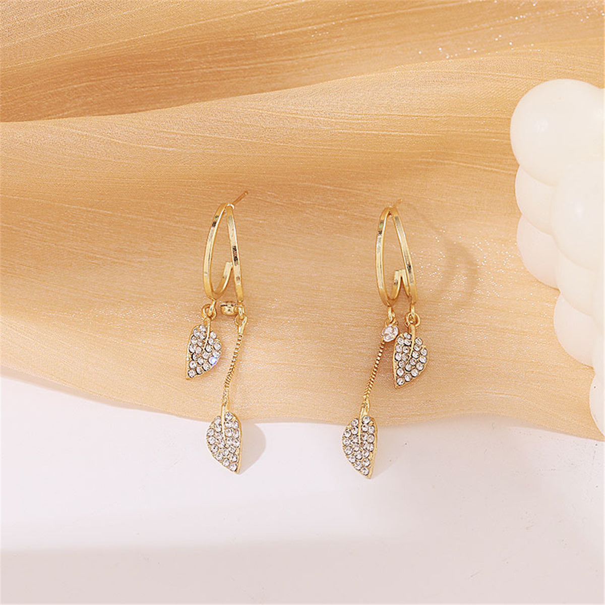 Cubic Zirconia and 18K Gold-Plated Leaves Huggie Earrings, gold huggie earrings, elegant gift for her, detail close-up