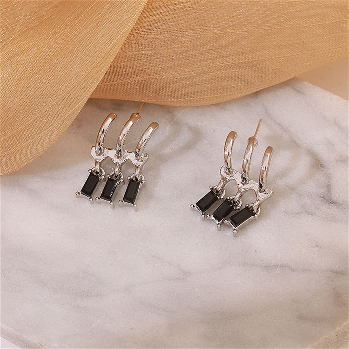 Crystal and Silver-Plated Trio Huggie Earrings, silver huggie earrings, elegant gift for her, front view