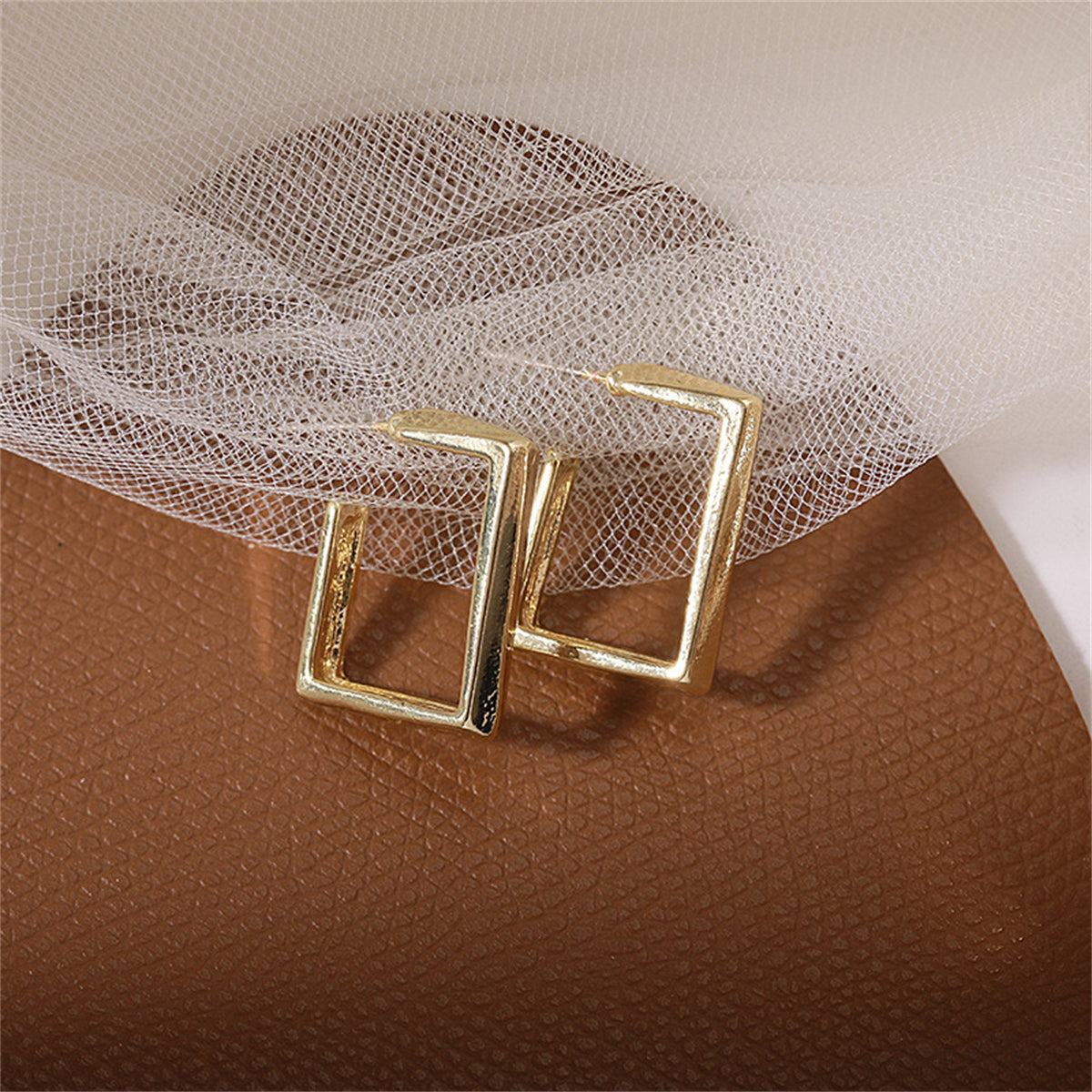 18K Gold-Plated Square Huggie Earrings, gold huggie earrings, botanical inspired, front view