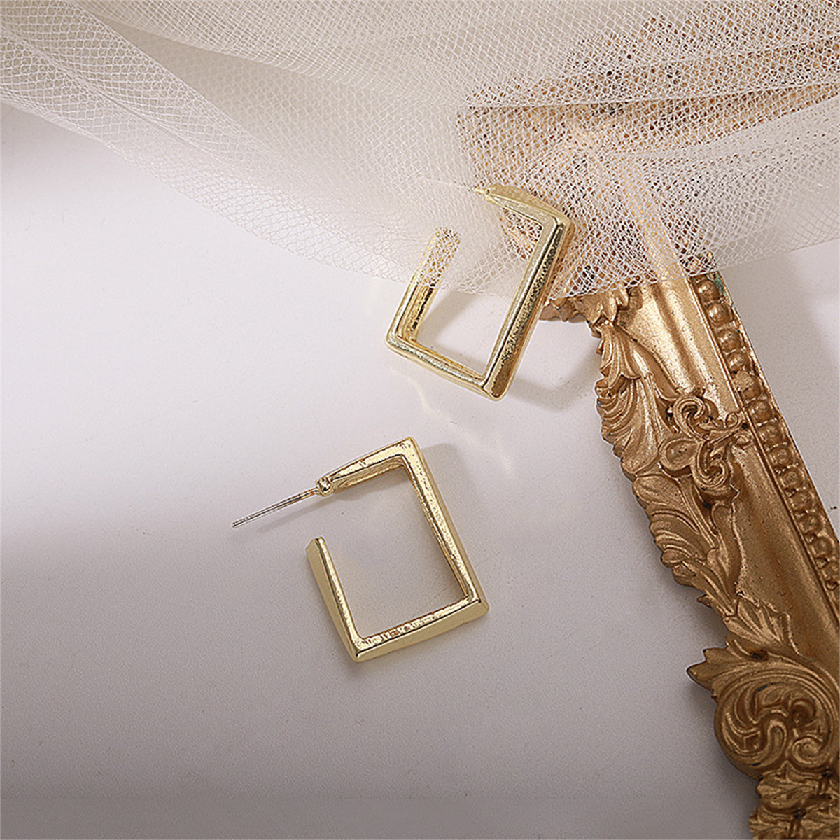 18K Gold-Plated Square Huggie Earrings, gold huggie earrings, botanical inspired, detail close-up