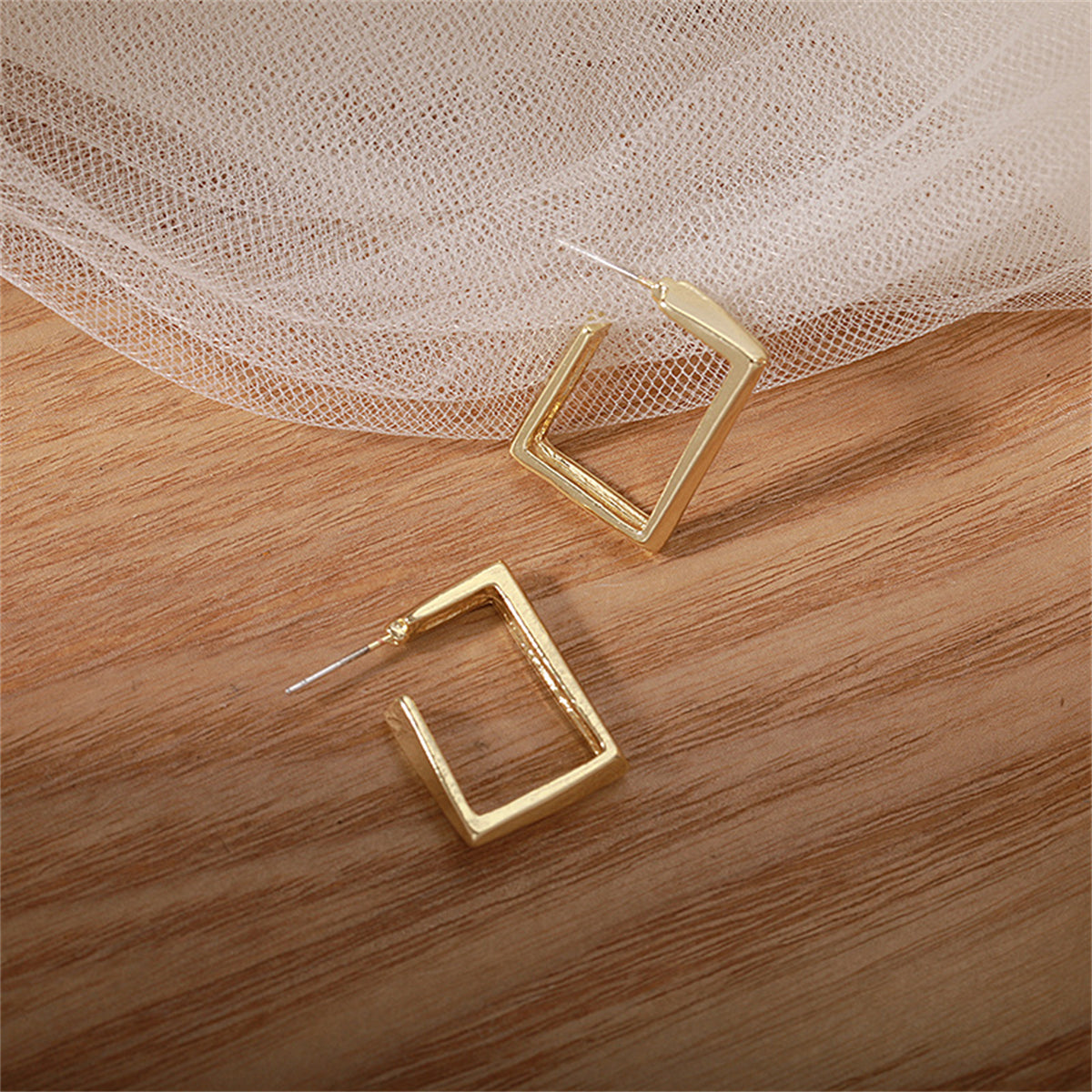18K Gold-Plated Square Huggie Earrings, gold huggie earrings, botanical inspired, lifestyle look