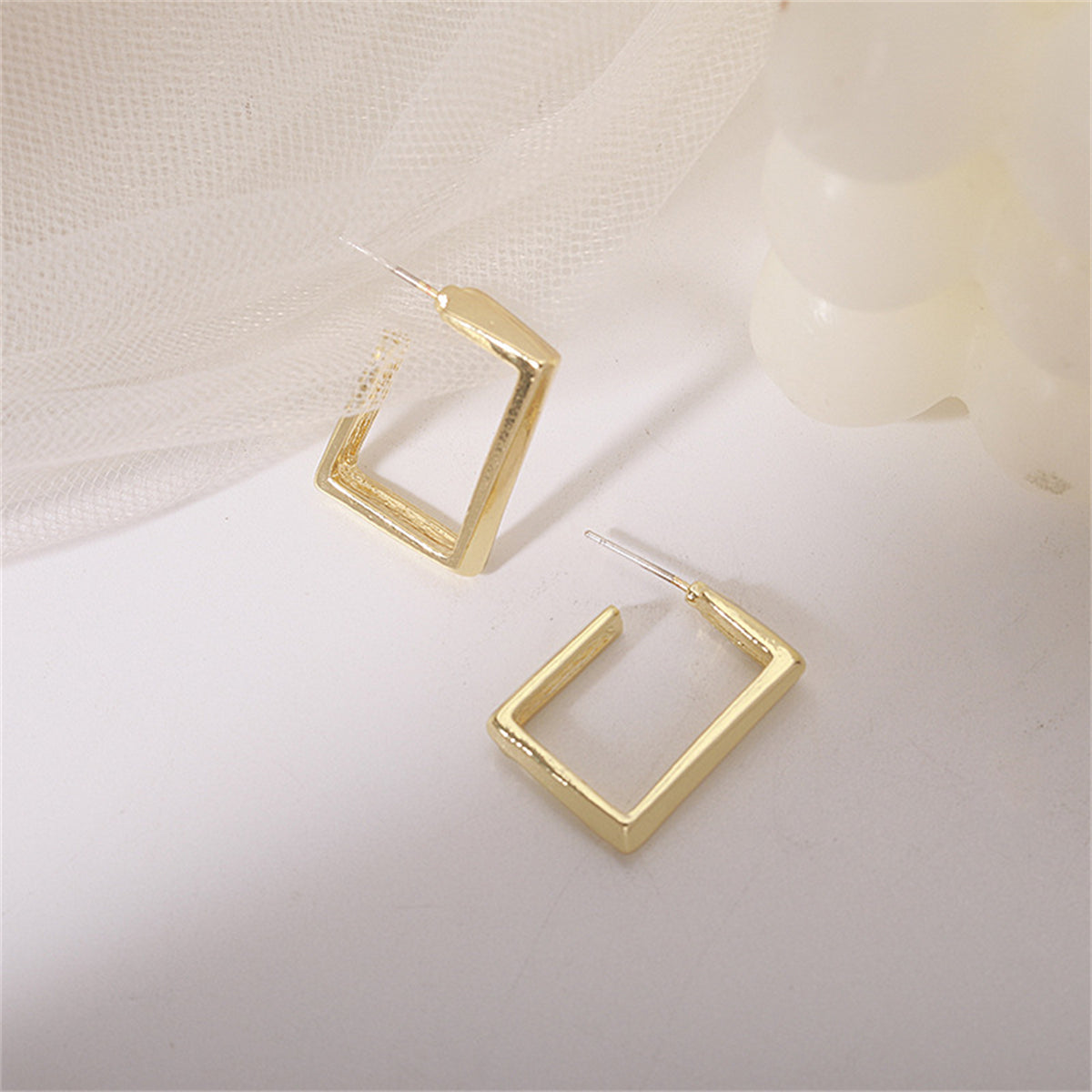 18K Gold-Plated Square Huggie Earrings, gold huggie earrings, botanical inspired, styled look