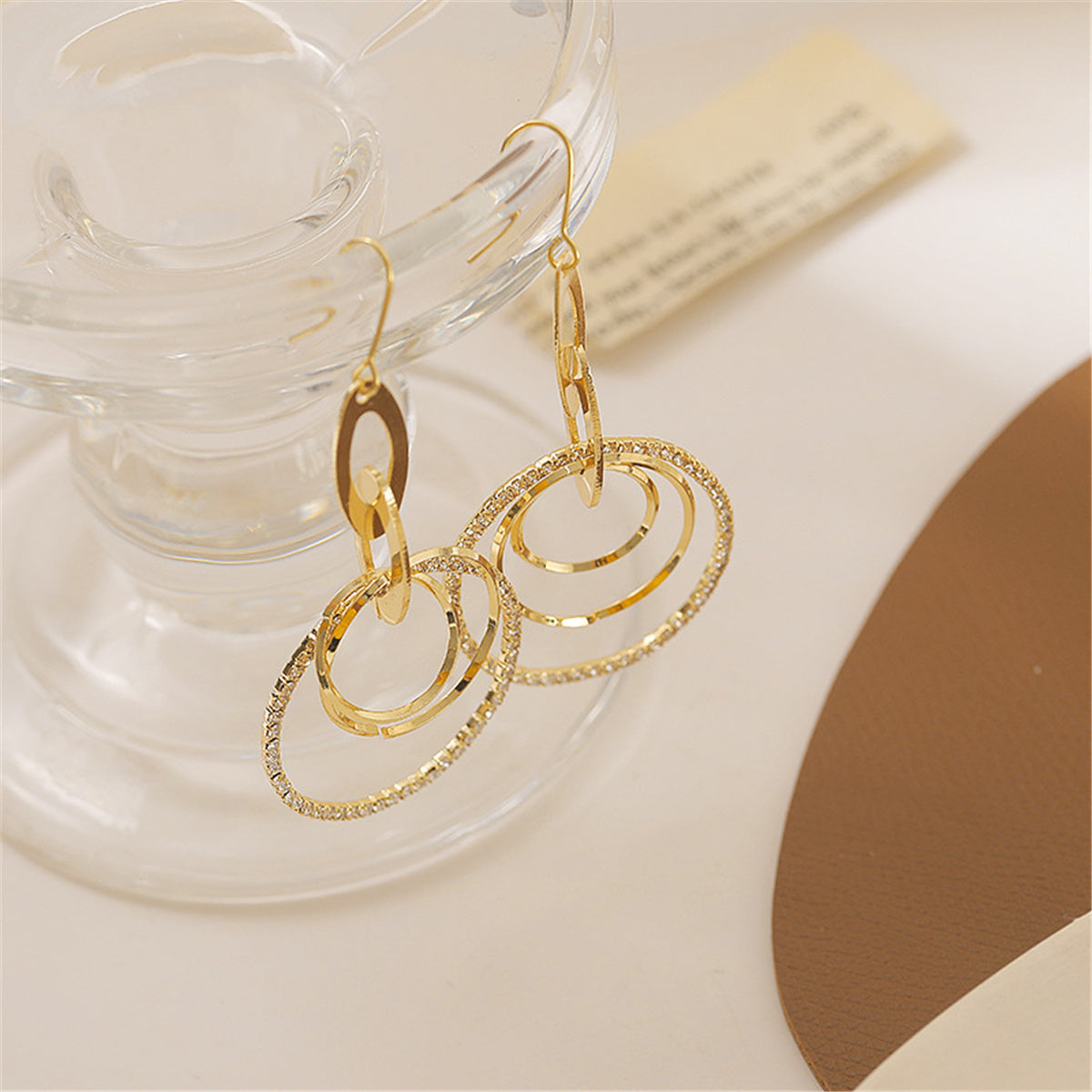 Cubic Zirconia and 18K Gold-Plated Pav¨¦ Stacked Circle Trio Drop Earrings, gold drop earrings for women, lifestyle look