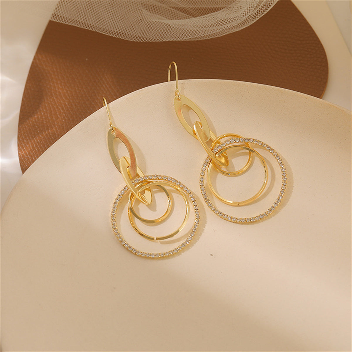 Cubic Zirconia & 18K Gold-Plated Pav¨¦ Stacked Circle Trio Drop Earrings