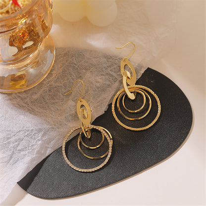 Cubic Zirconia and 18K Gold-Plated Pav¨¦ Stacked Circle Trio Drop Earrings, gold drop earrings for women, detail close-up
