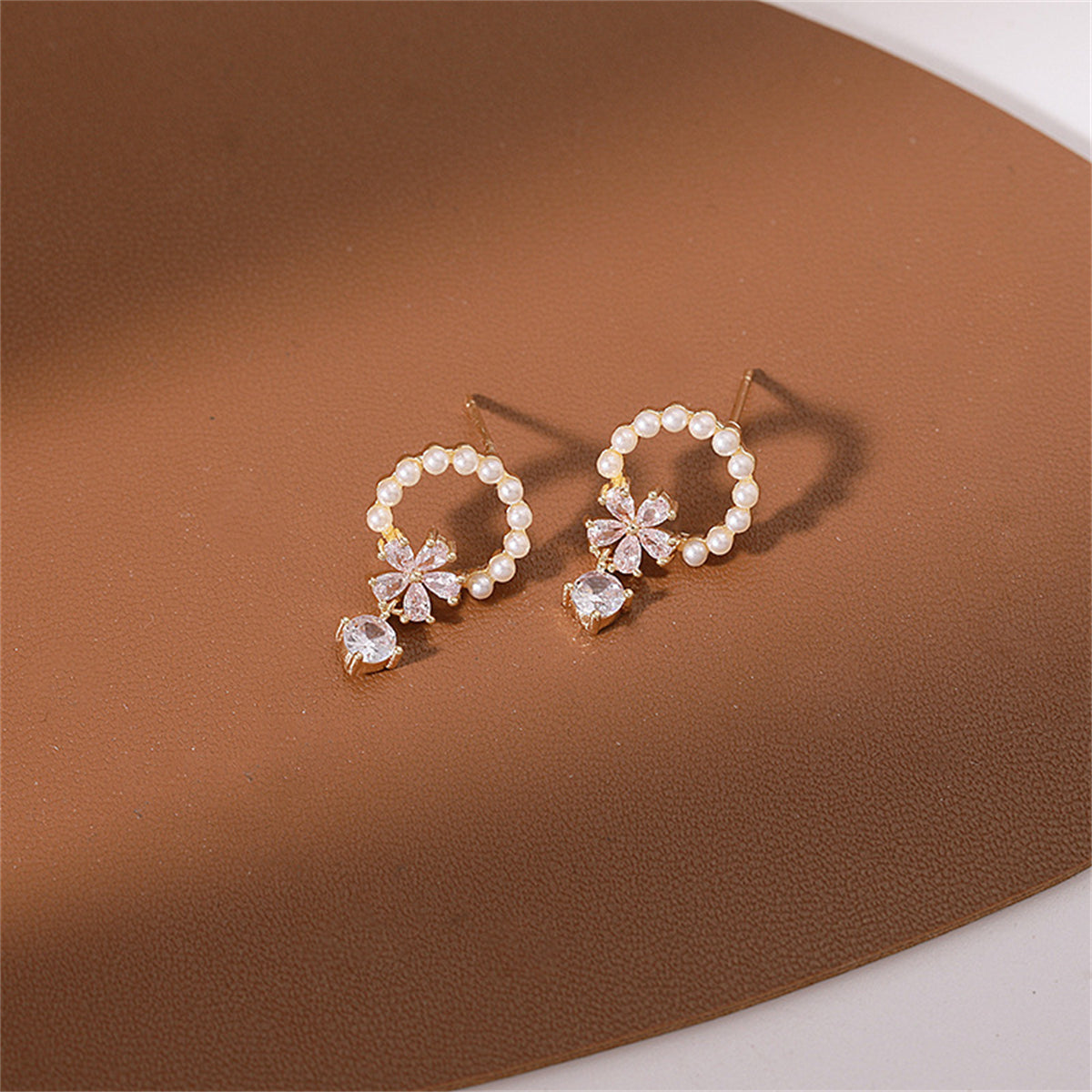 Crystal and Pearl 18K Gold-Plated Flower Drop Earrings, gold drop earrings for women, botanical inspired, side view