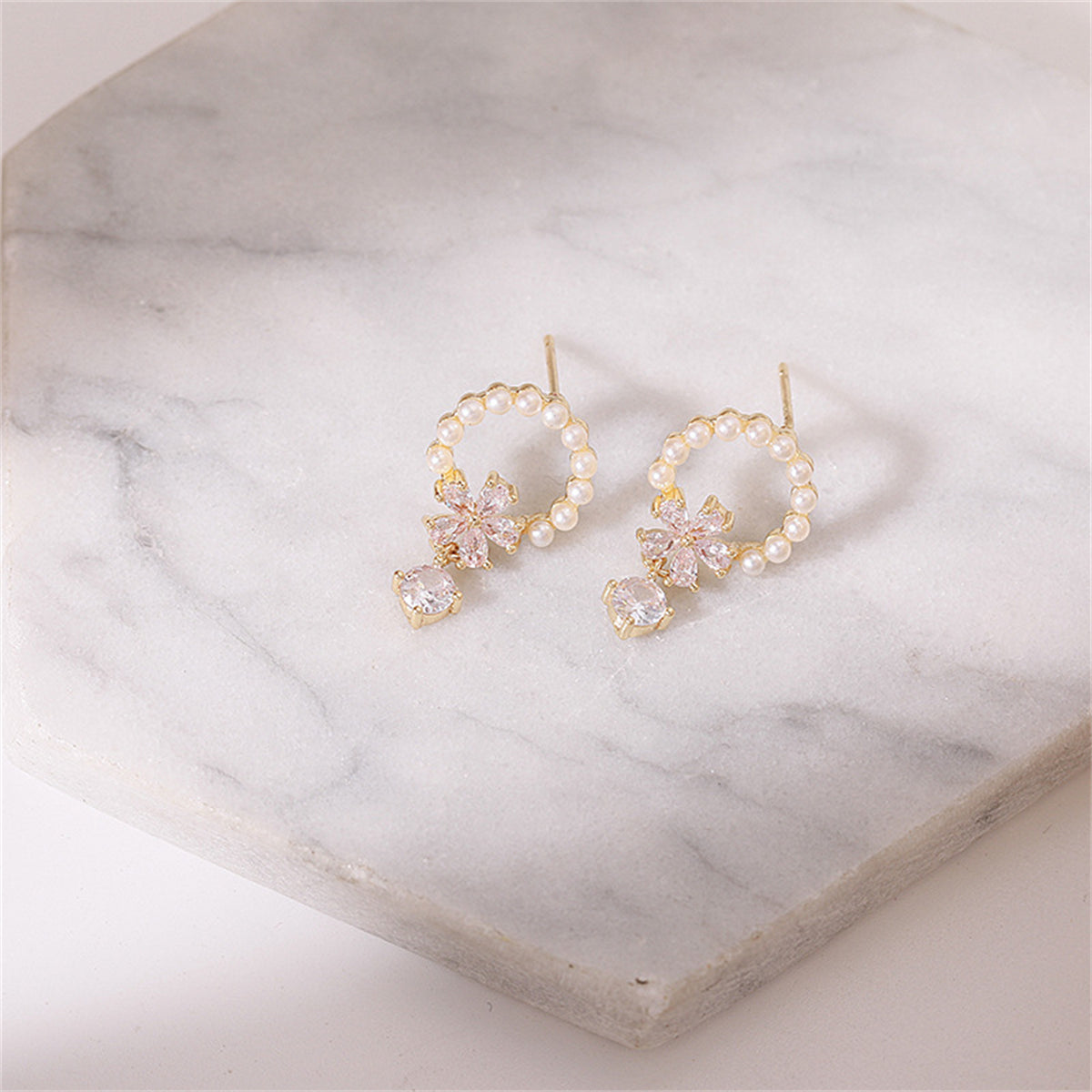 Crystal and Pearl 18K Gold-Plated Flower Drop Earrings, gold drop earrings for women, botanical inspired, styled look
