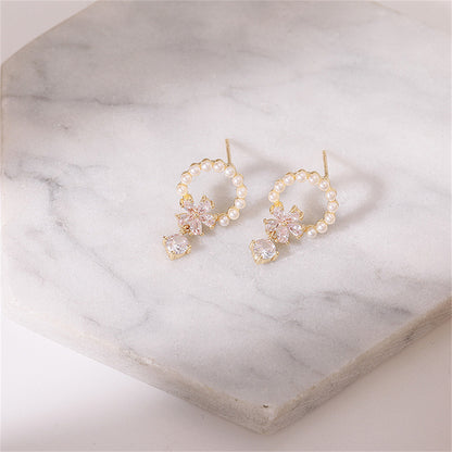 Crystal and Pearl 18K Gold-Plated Flower Drop Earrings, gold drop earrings for women, botanical inspired, styled look