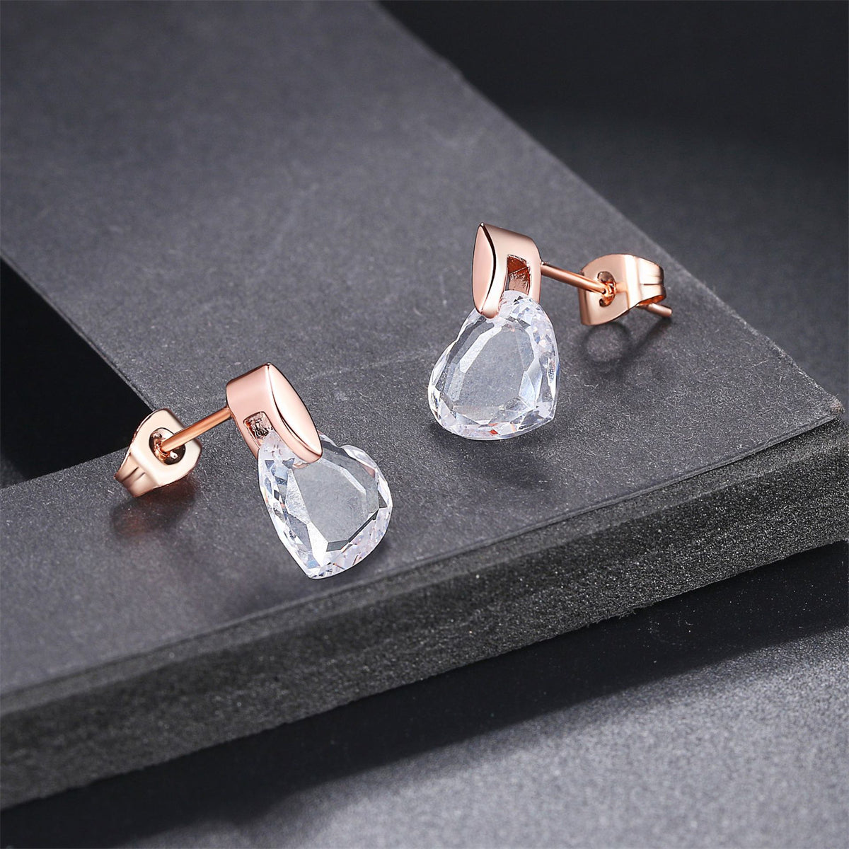Clear Crystal and 18K Rose Gold-Plated Heart Drop Earrings, rose gold drop earrings for women, detail close-up