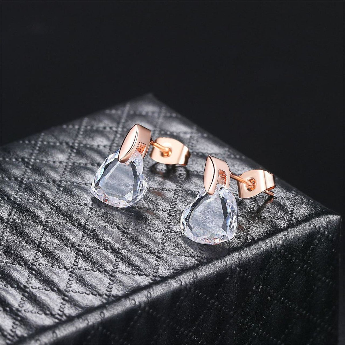 Clear Crystal and 18K Rose Gold-Plated Heart Drop Earrings, rose gold drop earrings for women, side view