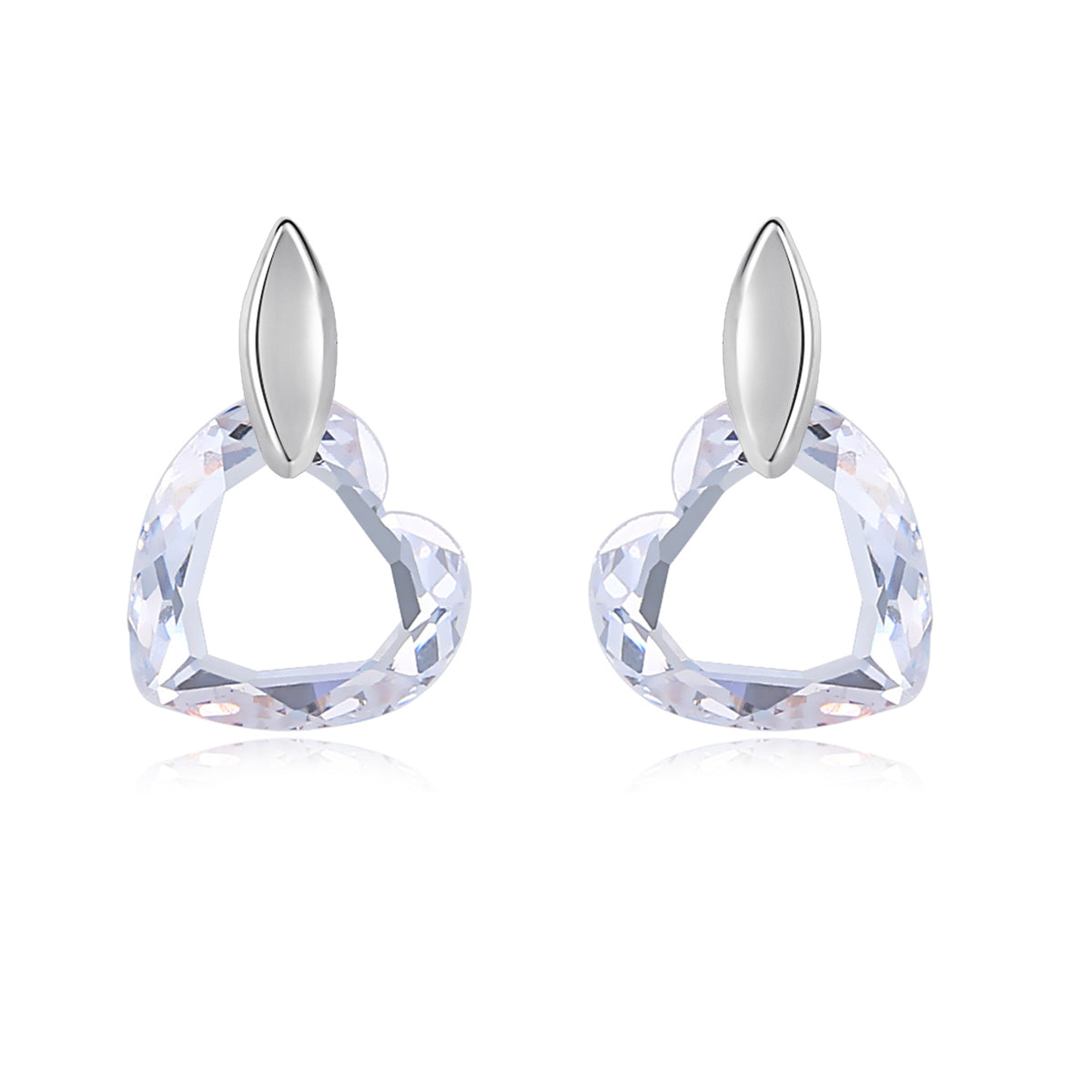 Clear Crystal and Silver-Plated Heart Drop Earrings, silver drop earrings for women, vintage-inspired design, front view