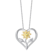 Cubic Zirconia & Two-Tone Sunflower Heart Pendant Necklace