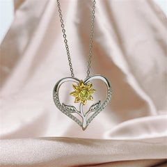 Cubic Zirconia & Two-Tone Sunflower Heart Pendant Necklace