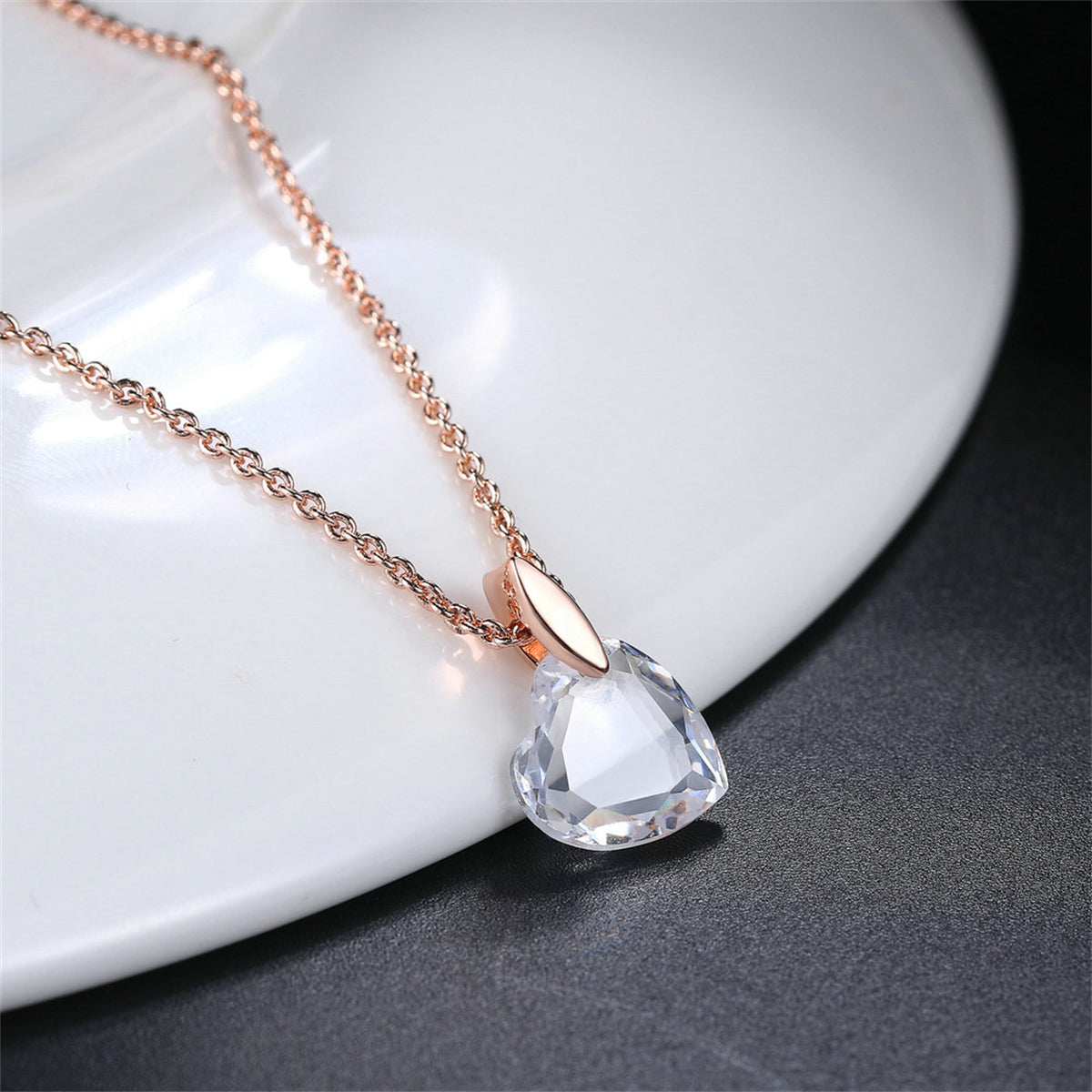 Crystal and 18K Rose Gold-Plated Heart Pendant Necklace, rose gold pendant necklace for women, detail close-up
