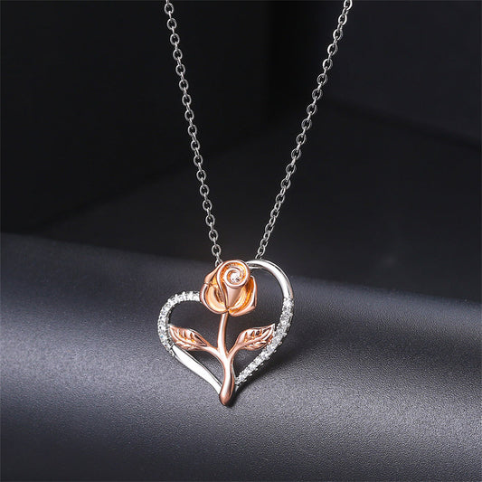 Cubic Zirconia and Two-Tone Rose Heart Pendant Necklace, pendant necklace for women, vintage-inspired design, front view