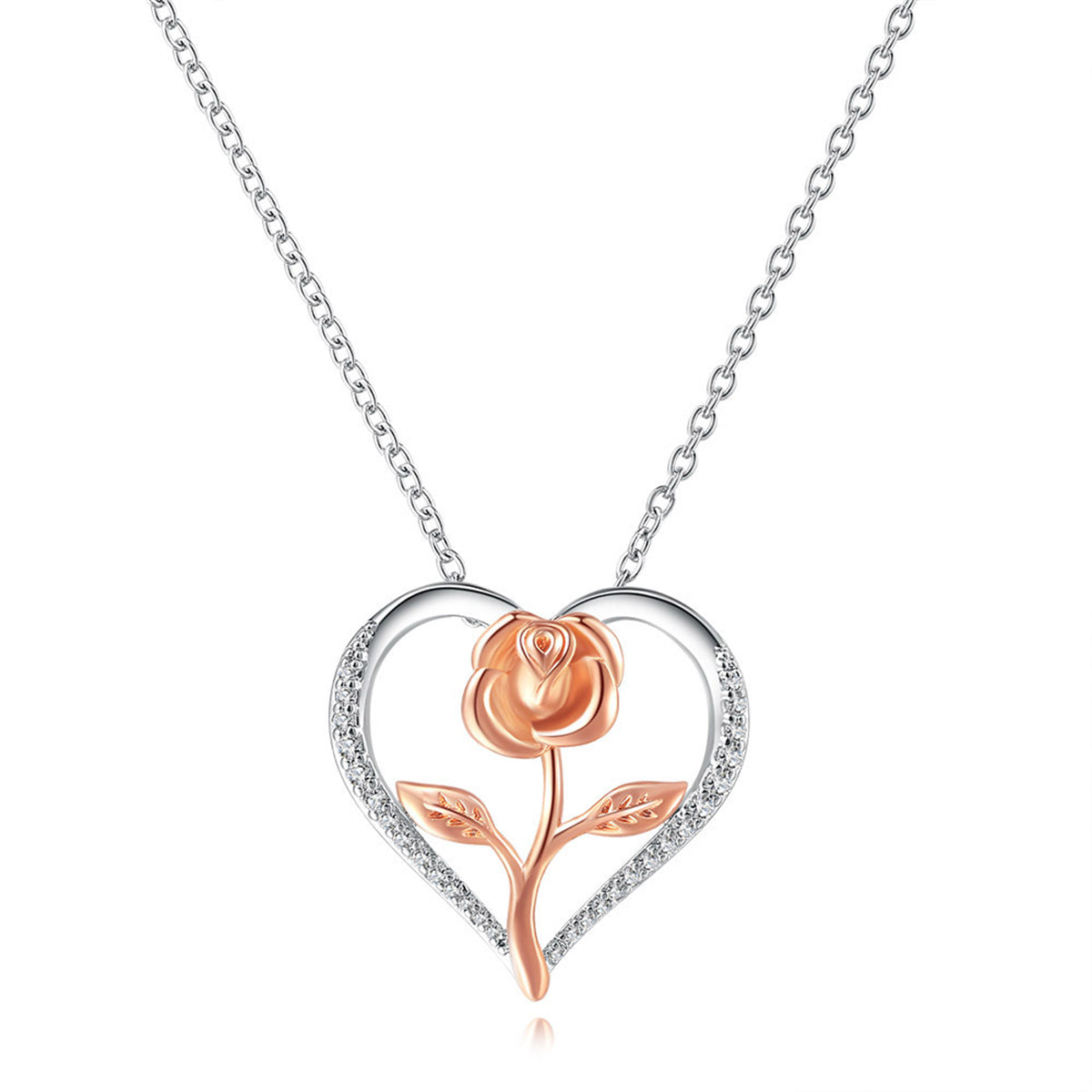 Cubic Zirconia and Two-Tone Rose Heart Pendant Necklace, pendant necklace for women, everyday style, side view