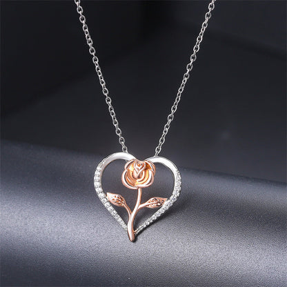 Cubic Zirconia and Two-Tone Rose Heart Pendant Necklace, pendant necklace for women, everyday style, detail close-up