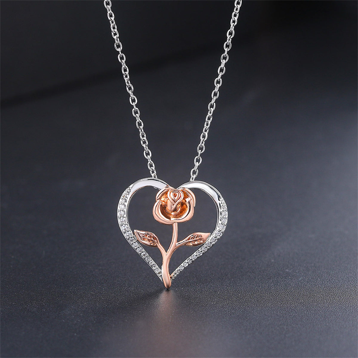 Cubic Zirconia and Two-Tone Rose Heart Pendant Necklace, pendant necklace for women, everyday style, front view