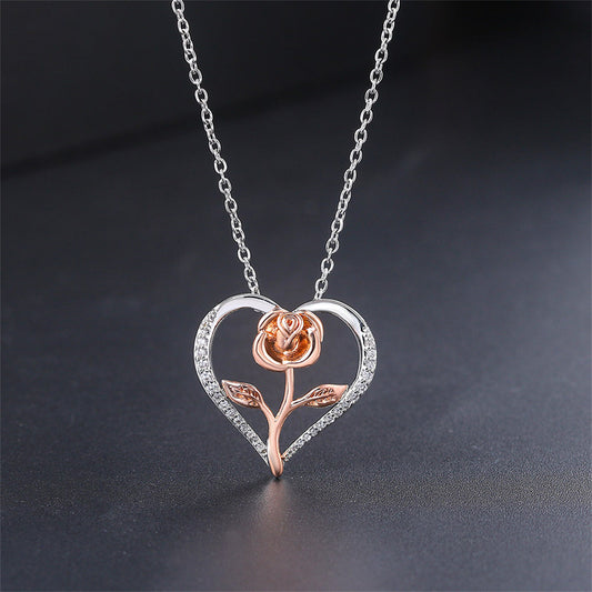 Cubic Zirconia and Two-Tone Rose Heart Pendant Necklace, pendant necklace for women, everyday style, front view