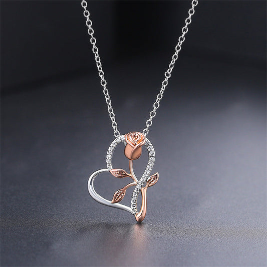 Cubic Zirconia and Two-Tone Floral Heart Pendant Necklace, pendant necklace for women, everyday style, front view