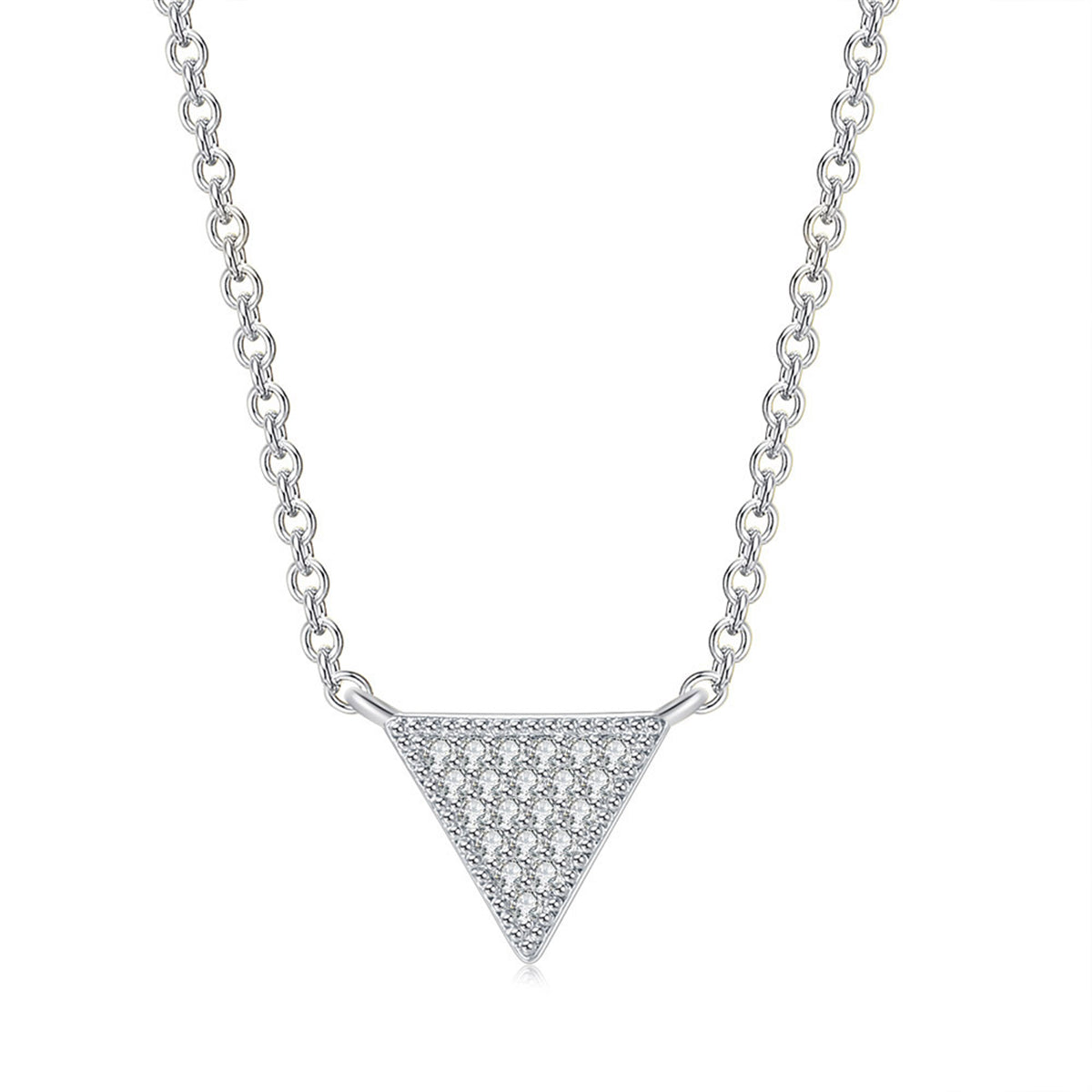 Cubic Zirconia and Silver-Plated Triangle Pendant Necklace, silver pendant necklace for women, botanical inspired, front view