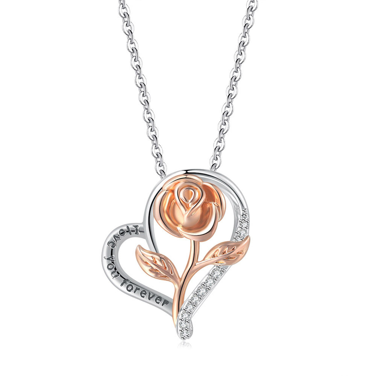 Cubic Zirconia and Two-Tone 'Love You Forever' Rose Pendant Necklace, pendant necklace for women, everyday style, front view