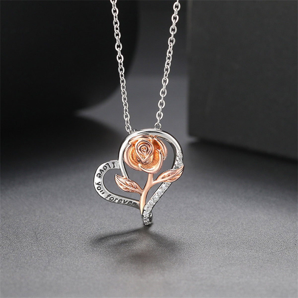 Cubic Zirconia and Two-Tone 'Love You Forever' Rose Pendant Necklace, pendant necklace for women, detail close-up