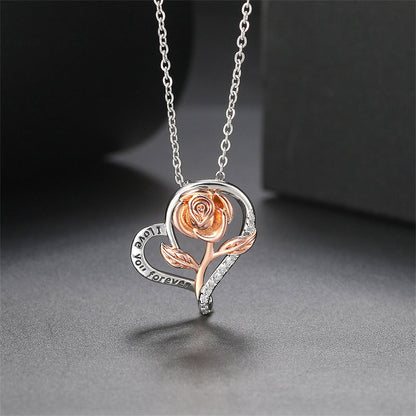 Cubic Zirconia and Two-Tone 'Love You Forever' Rose Pendant Necklace, pendant necklace for women, detail close-up