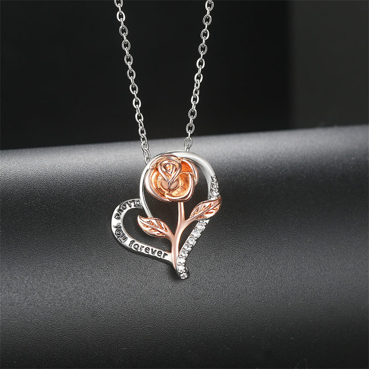 Cubic Zirconia and Two-Tone 'Love You Forever' Rose Pendant Necklace, pendant necklace for women, lifestyle look
