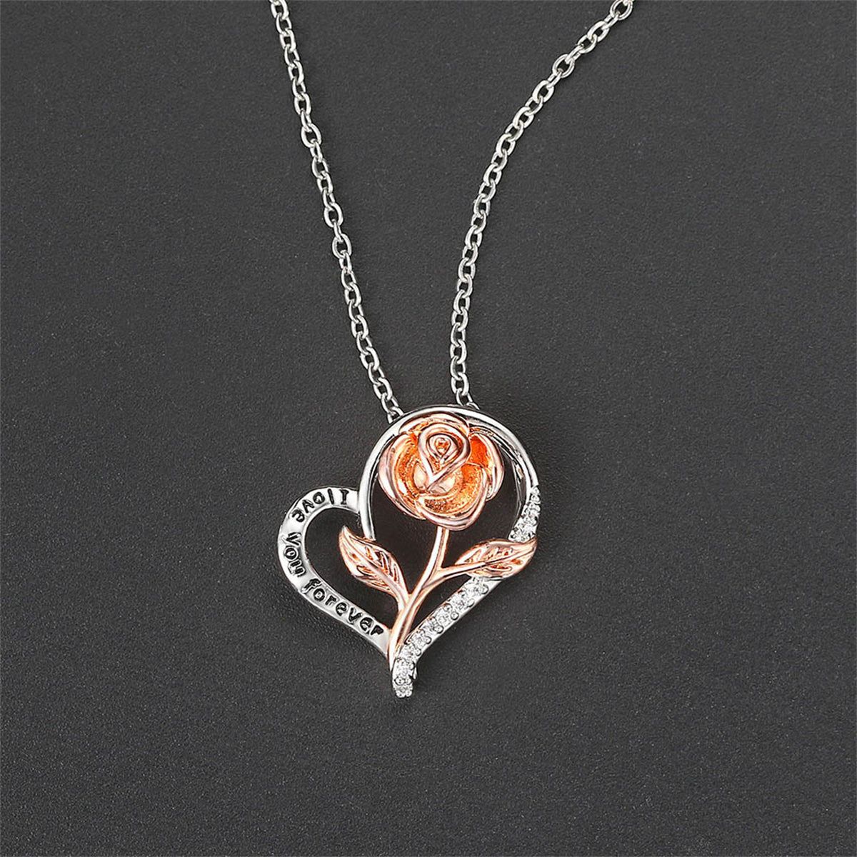 Cubic Zirconia and Two-Tone 'Love You Forever' Rose Pendant Necklace, pendant necklace for women, everyday style, side view