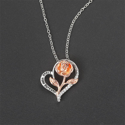 Cubic Zirconia and Two-Tone 'Love You Forever' Rose Pendant Necklace, pendant necklace for women, everyday style, side view