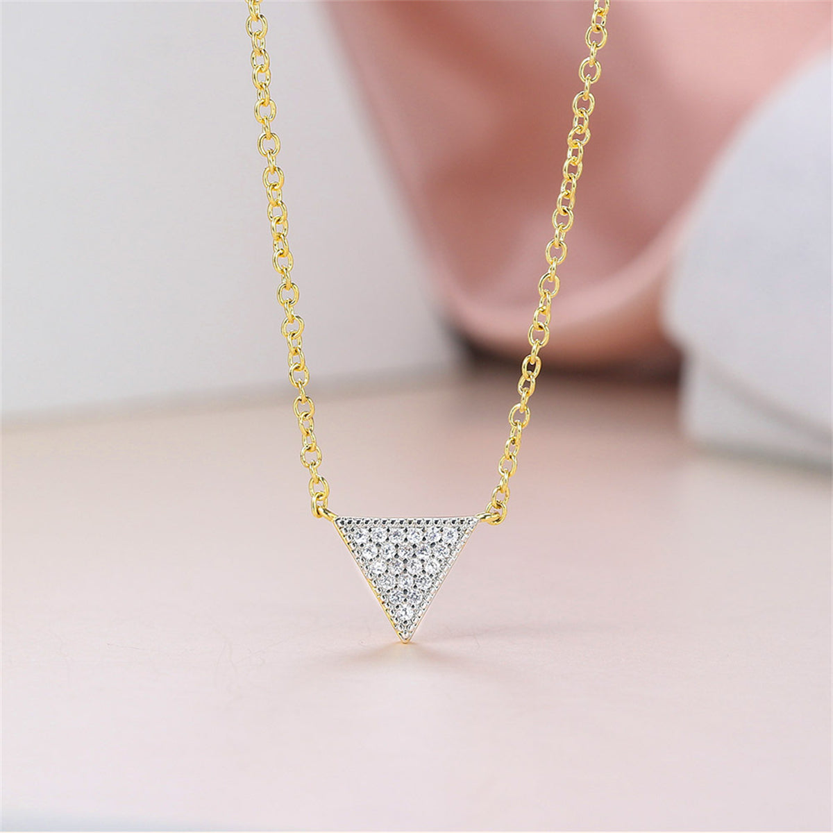 Cubic Zirconia and Two-Tone Triangle Pendant Necklace, pendant necklace for women, elegant gift for her, side view