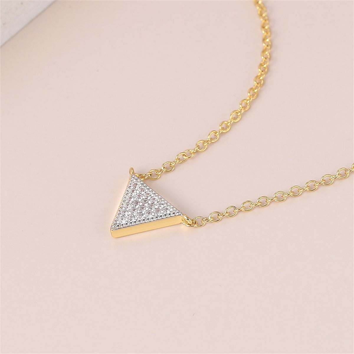 Cubic Zirconia and Two-Tone Triangle Pendant Necklace, pendant necklace for women, elegant gift for her, detail close-up