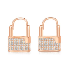 Cubic Zirconia & 18K Rose Gold-Plated Lock Huggie Earrings