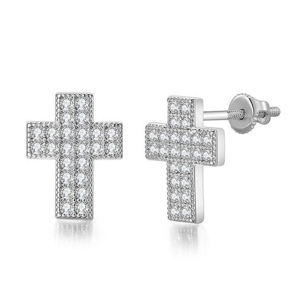 Cubic Zirconia & Silver-Plated Cross Stud Earrings