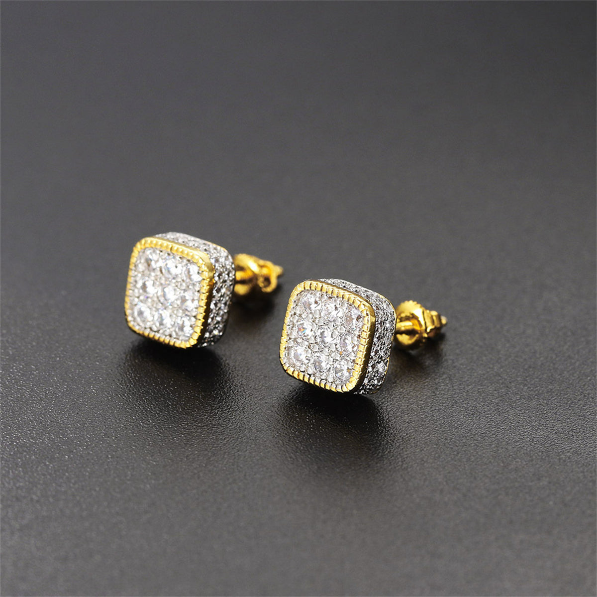 Cubic Zirconia & Two Tone Rounded Square Stud Earrings