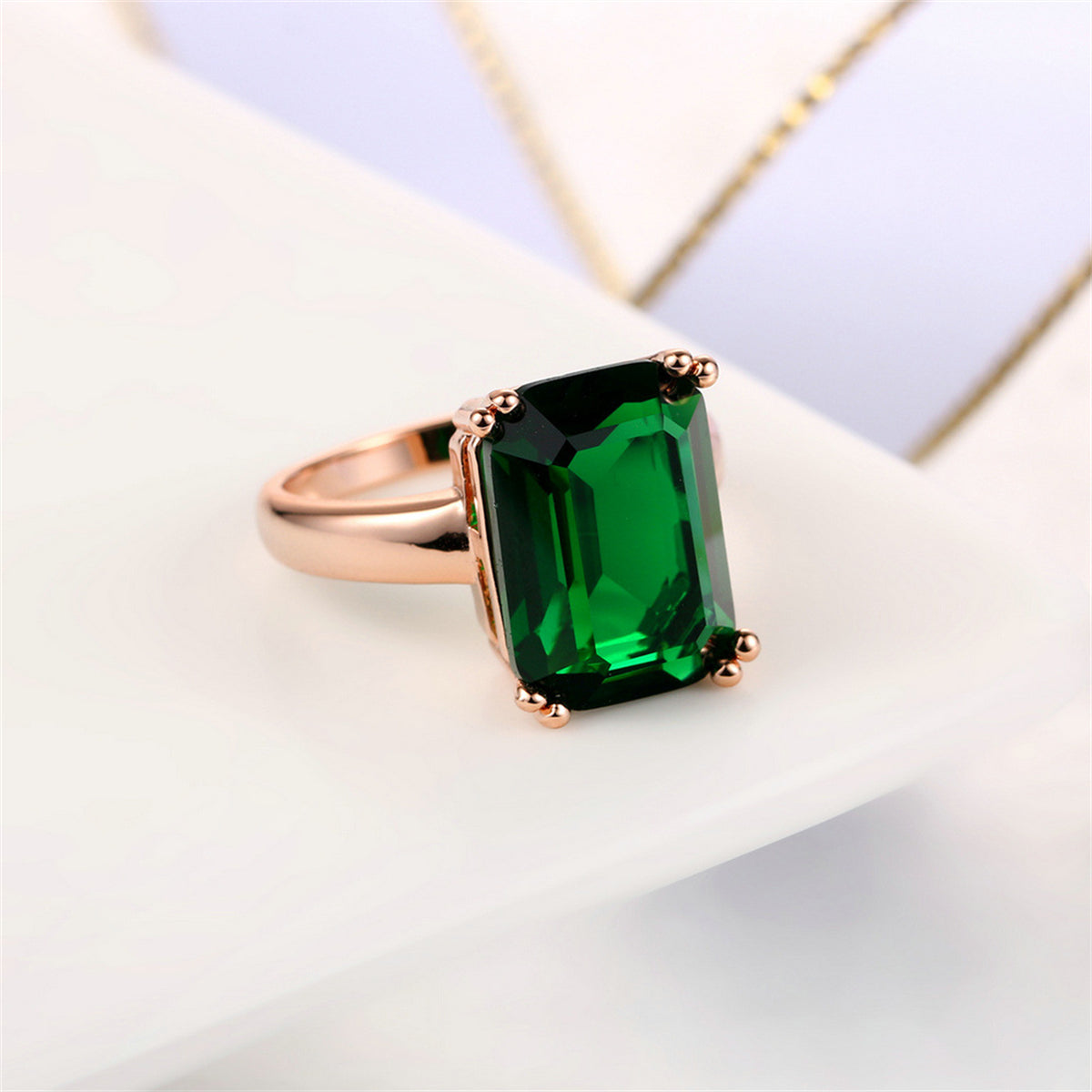 Green Crystal and 18K Rose Gold-Plated Emerald-Cut Ring, rose gold statement rings for women, styled look
