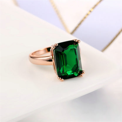 Green Crystal and 18K Rose Gold-Plated Emerald-Cut Ring, rose gold statement rings for women, styled look