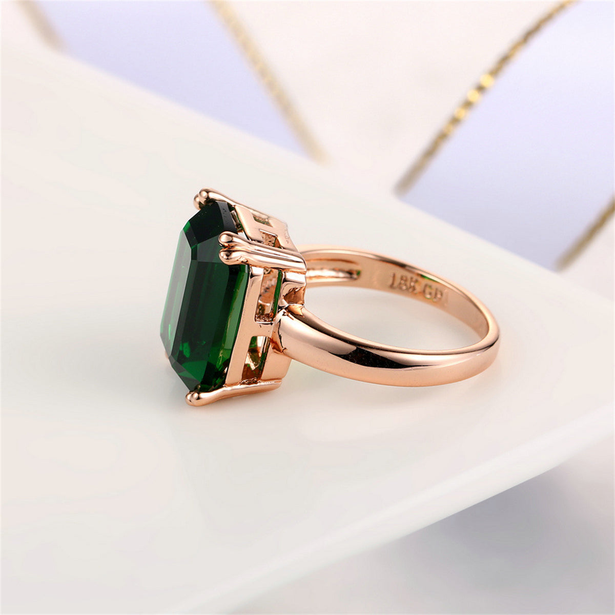 Green Crystal and 18K Rose Gold-Plated Emerald-Cut Ring, rose gold statement rings for women, side view