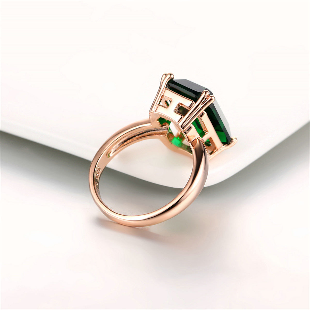 Green Crystal and 18K Rose Gold-Plated Emerald-Cut Ring, rose gold statement rings for women, detail close-up