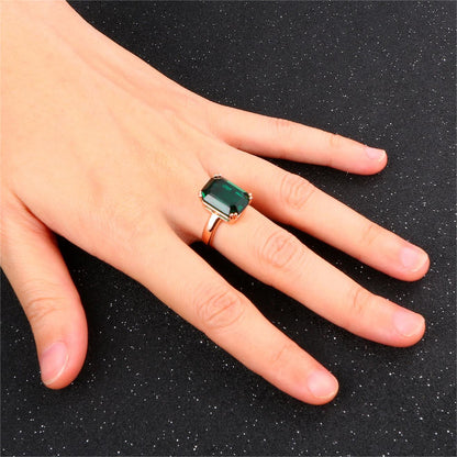 Green Crystal and 18K Rose Gold-Plated Emerald-Cut Ring, rose gold statement rings for women, lifestyle look