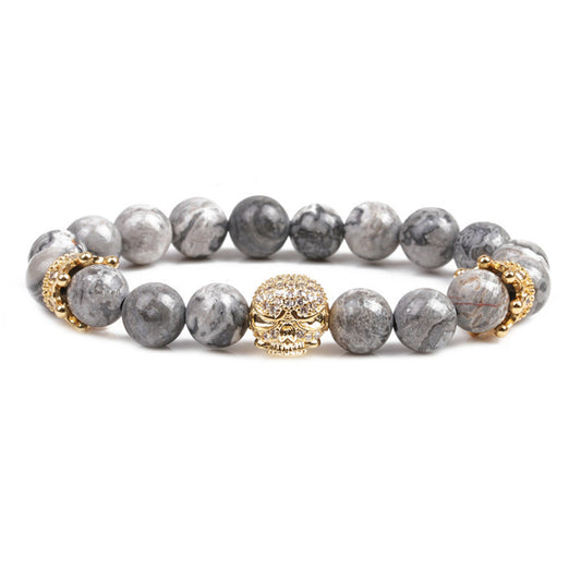 Amethyst and Cubic Zirconia Skull and Crown Beaded Stretch Bracelet, bracelet for women, everyday style, front view