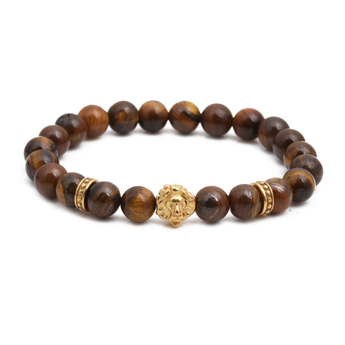 Tiger Eye and 18K Gold-Plated Lion Beaded Stretch Bracelet, gold bracelet for women, everyday style, front view